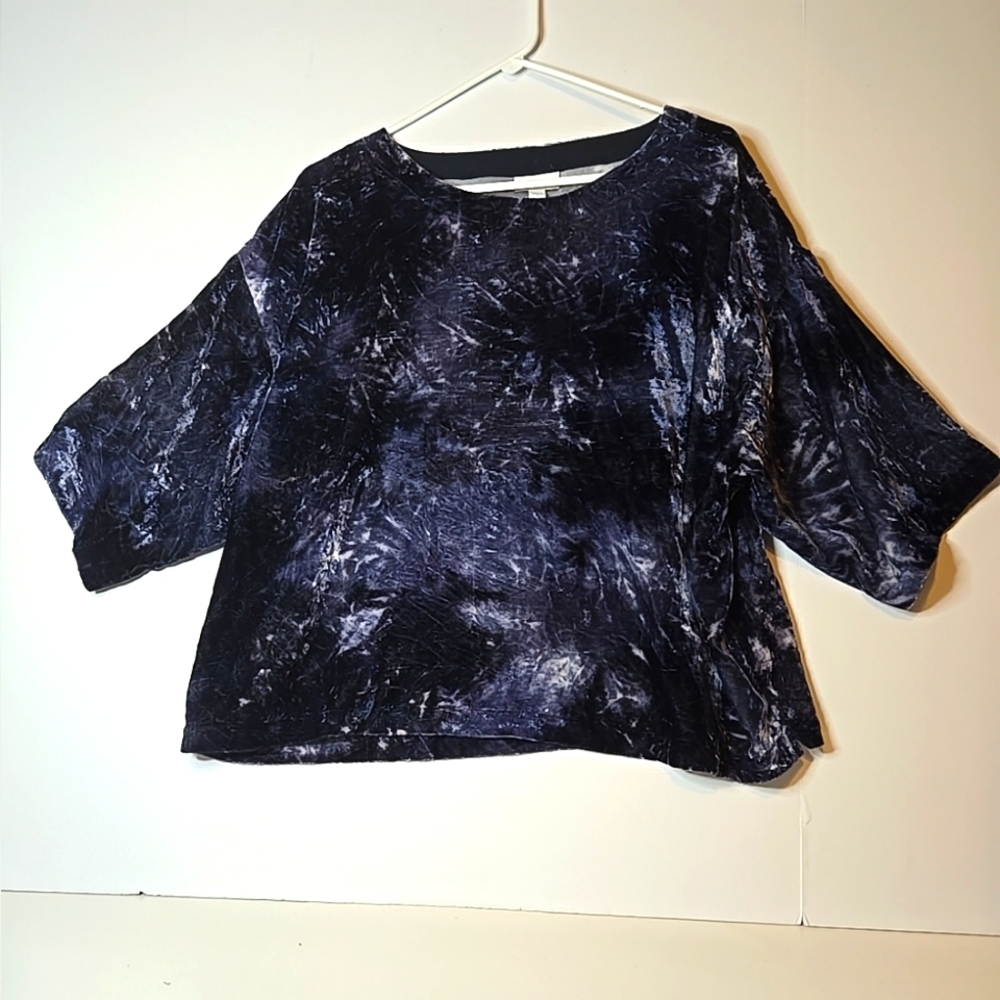 J Jill Pure Women's Navy Tie-Dye Velvet Oversized Boxy Top Kimono Sleeve Size M